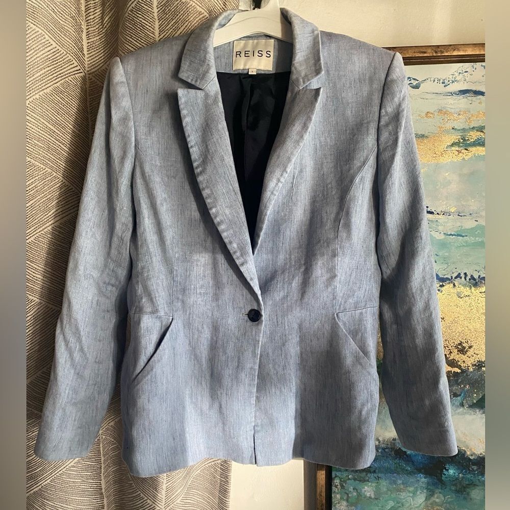 REISS Linen Blend Blazer Single Button Blazer Maddy Rye Light Blue Size Large - Picture 10 of 11
